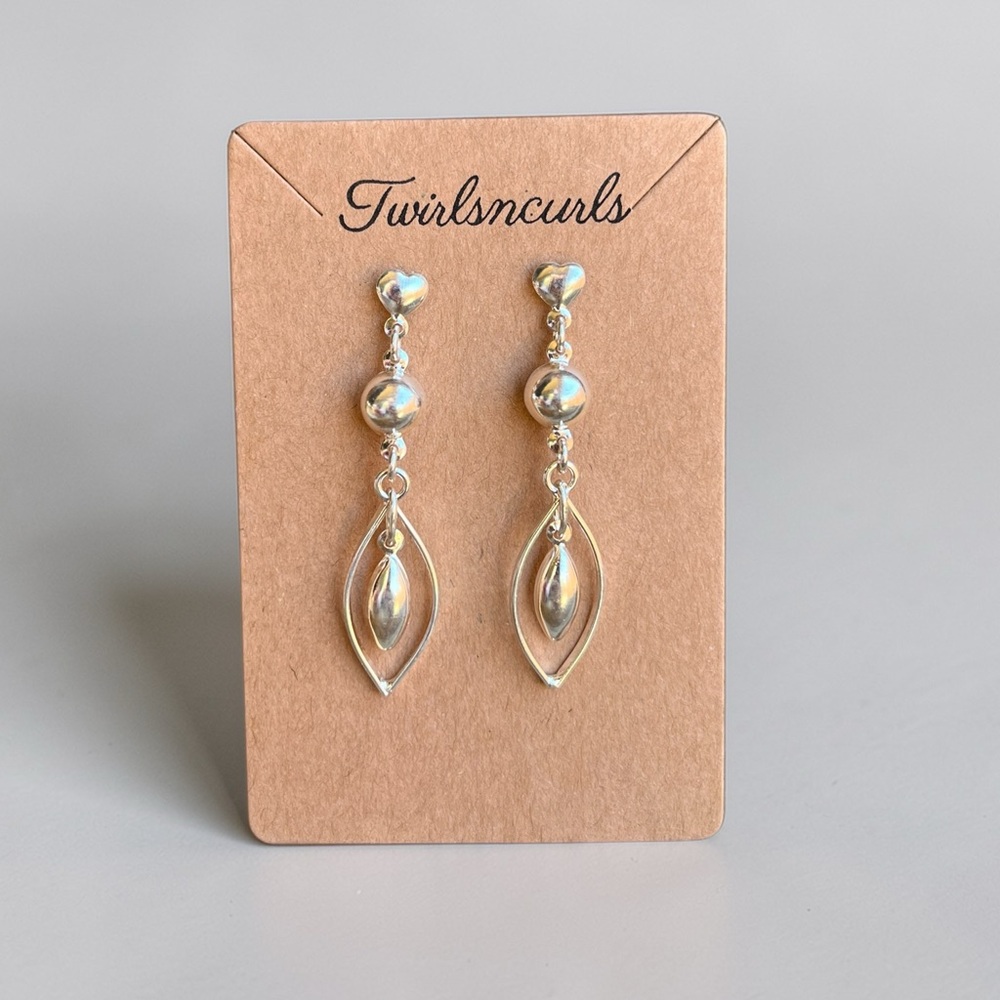 Long Silver Drop Heart Stud Earrings